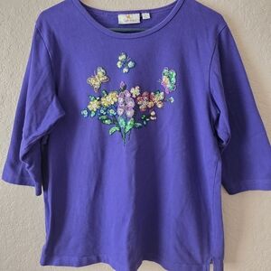 Quacker Factory Purple Sequin Butterfly Floral Tunic Top Women’s L 3/4 Sleeve